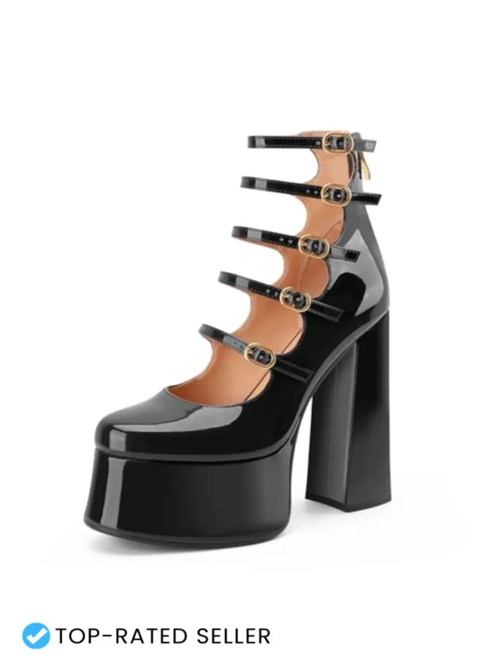 Faux Leather Patent Platform Ankle Boots Chunky Heel Buckle Mary Jane Booties